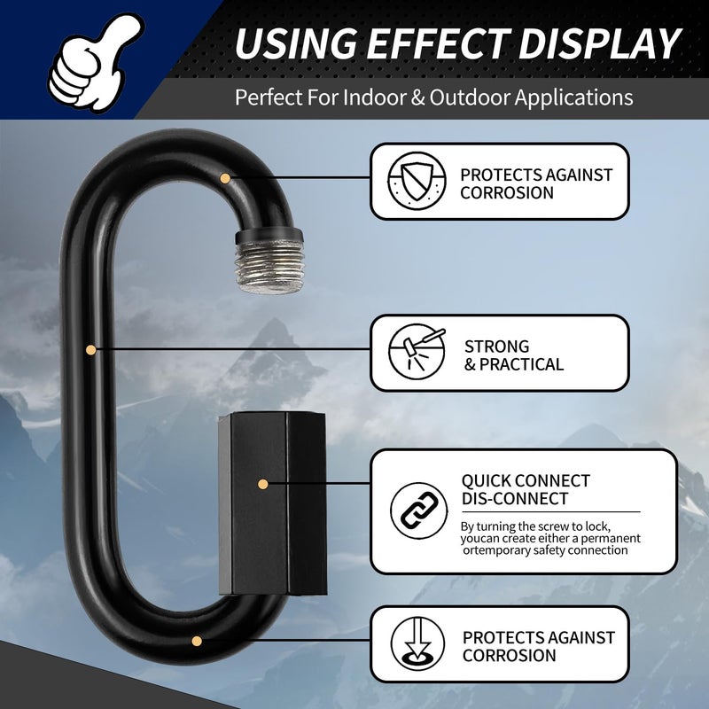 Manesi Chain Link, 3.5 inch Black Quick Link, 2 Pack 3/8" Locking Carabiner, Portable Chain Connector, Metal Heavy Duty Carabiner for Hanging Keys, Dog Leash, Fence Gate, 2000 Lbs Capacity - Image 5